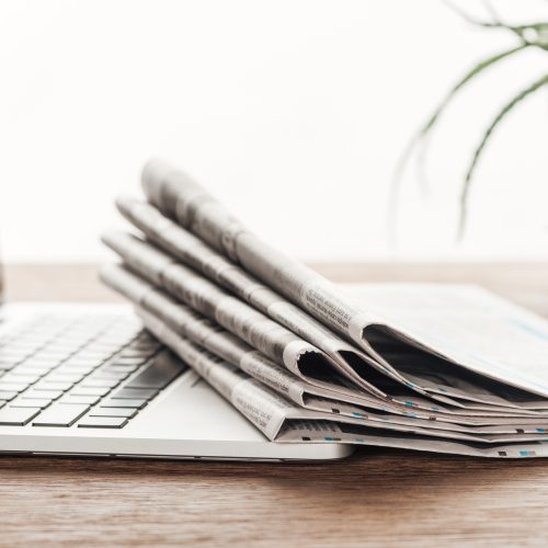 laptop, plant and stack of newspapers on wooden tabletop