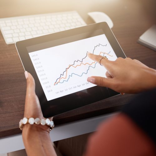 Tablet screen, data analytics and hands of woman for stock market research, analysis and statistics.