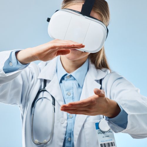 Vr, medical and holding with doctor and headset for augmented reality, healthcare and virtual analy.