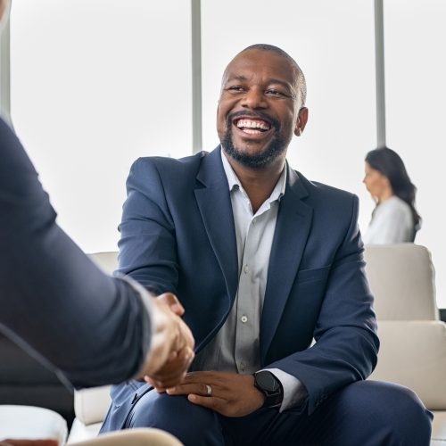 Business people shaking hands Two happy mature business men shaking hands in modern office. Successful african american businessman in formal clothing closing deal with handshake. Multiethnic businessmen shaking hands during a meeting.