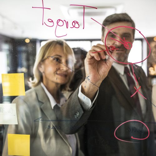 Businesspeople planning on a glass wall Businesspeople planning on a glass wall