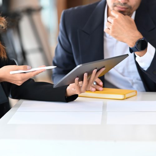 Businesswoman sharing ideas, discussing project statistics or fi Businesswoman sharing ideas, discussing project statistics or financial report with colleague at corporate meeting.