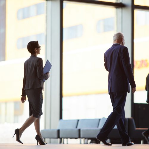 Back view of business people walking in office hall or lobby, copy space